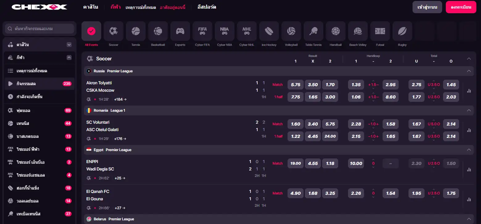 หน้า Sports และ Esports CHEXX ที่แสดงหมวดกีฬาและการแข่งขัน