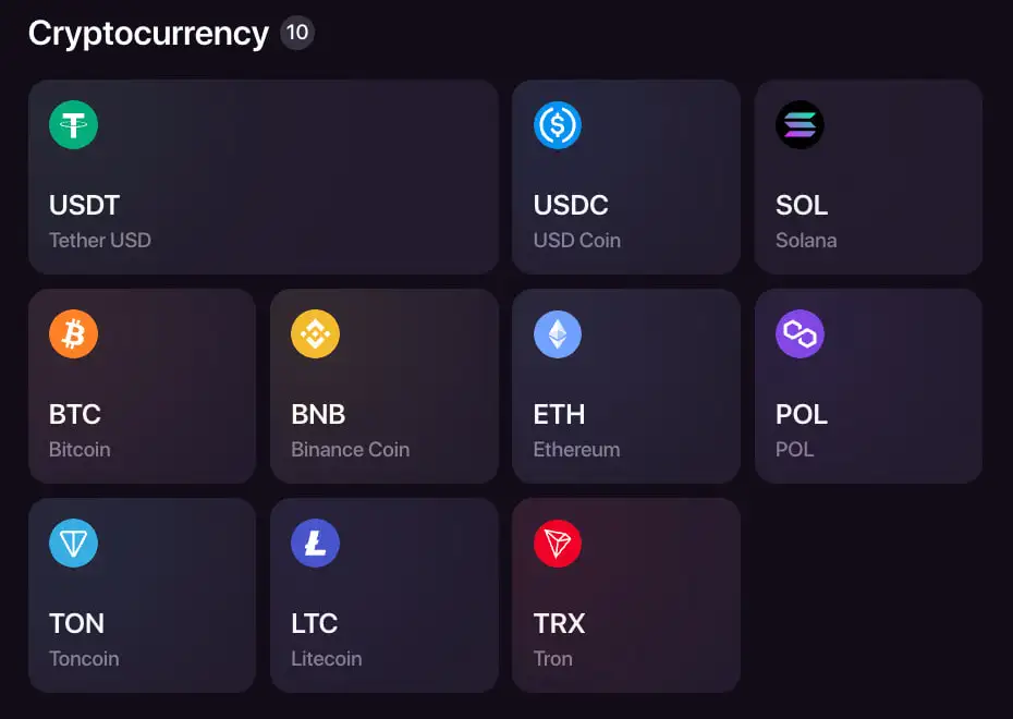 ตัวเลือกคริปโตและ network ใน cashier CHEXX